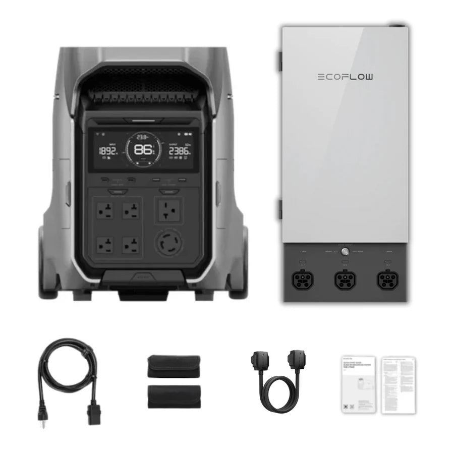 A portable EcoFlow DELTA Pro 3 power station, wall-mounted unit, power cable, two rectangular pads, two circular adapters, and two instruction manuals are displayed on a white background—an ideal EcoFlow home backup solution.