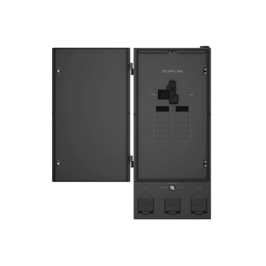 An open black electrical panel with a left-hinged door displays circuit breakers, labeled EcoFlow DELTA Pro 3 at the top center. Three switches or outlets line the bottom, showcasing this advanced EcoFlow whole-home backup system.