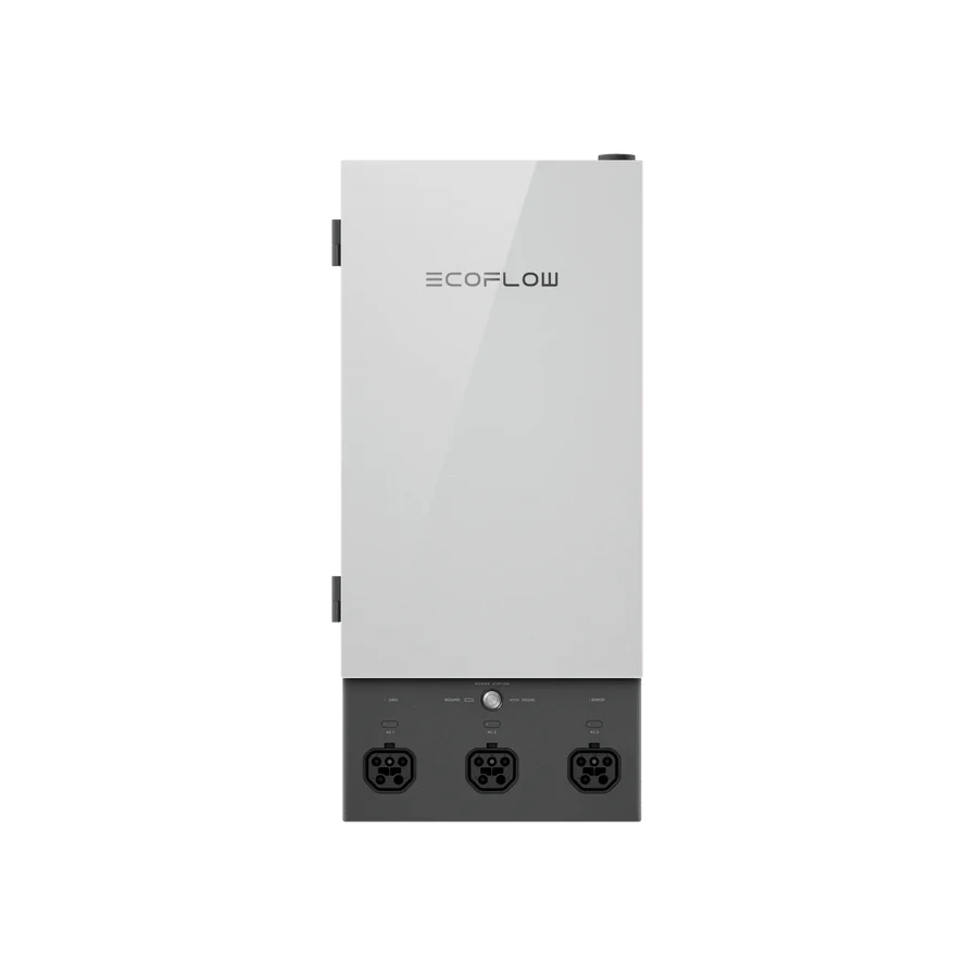A rectangular EcoFlow device with a white top displaying the brand logo and a dark gray bottom featuring three round outlets and a central button—ideal as a reliable home backup power solution.