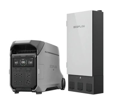 An EcoFlow portable DELTA Pro 3 power station with multiple outlets and a digital display stands next to an EcoFlow wall-mounted backup device, forming a dependable home backup solution.