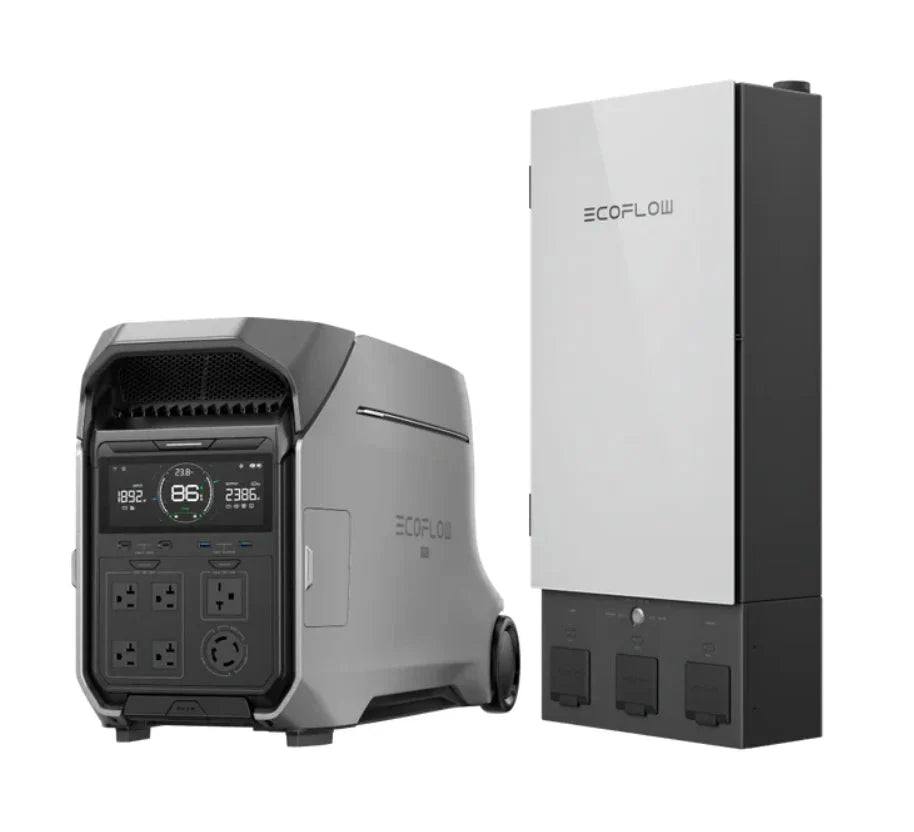 An EcoFlow portable DELTA Pro 3 power station with multiple outlets and a digital display stands next to an EcoFlow wall-mounted backup device, forming a dependable home backup solution.