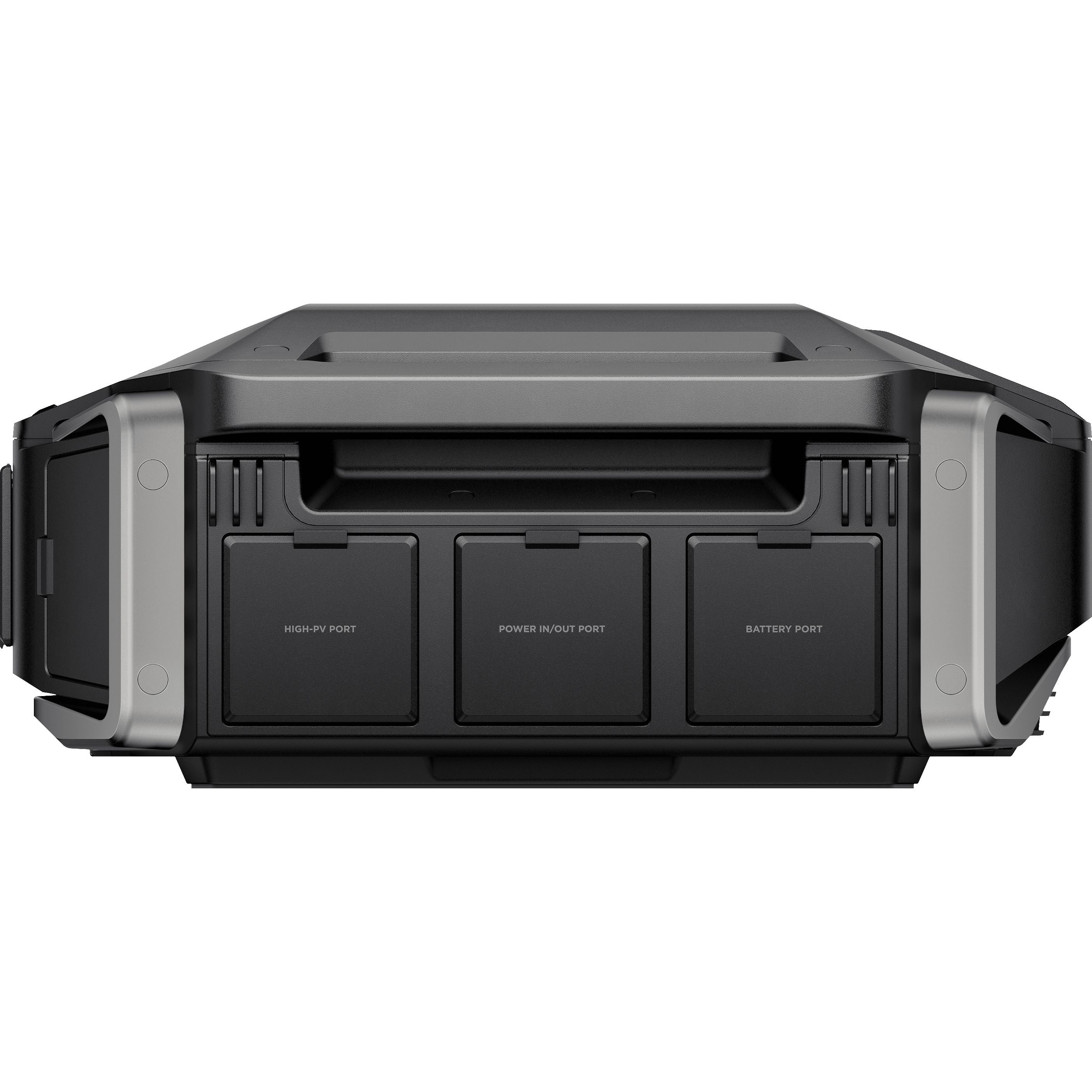 The EcoFlow DELTA Pro is a sleek, rectangular electronic device with a mostly black body and gray accents. It features labeled ports: "High PV Input," "Power In/Out," and "Battery Post," highlighting its energy efficiency and ultra inverter system compatibility.