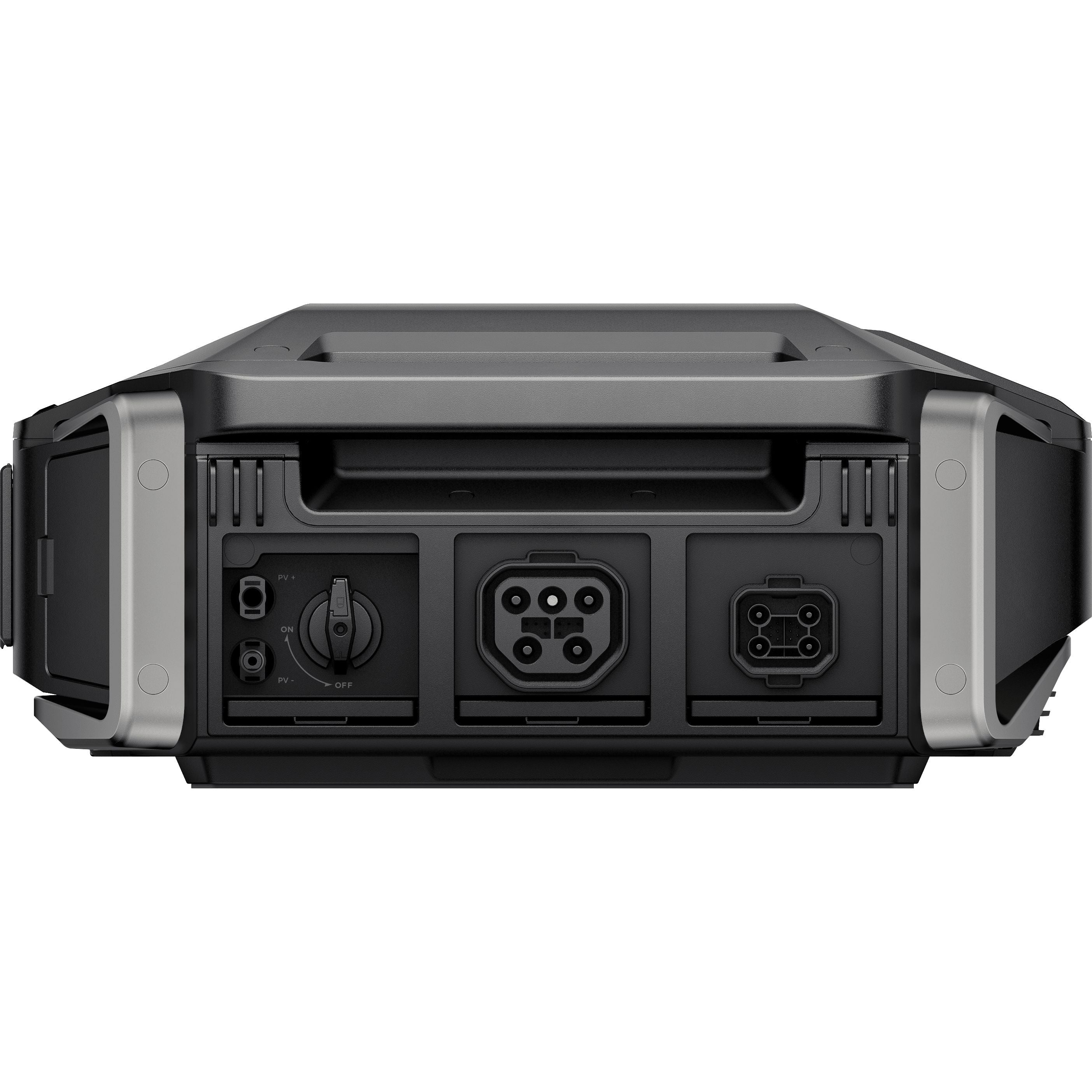 A detailed view of the EcoFlow DELTA Pro highlights its diverse input and output ports, featuring a round DC input, Ultra Inverter switch, USB ports, and AC outlet. It's encased in a robust dark housing that emphasizes energy efficiency.