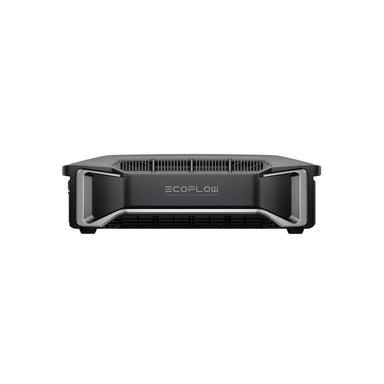 The EcoFlow DELTA Pro power station features a sleek, rectangular design in black. The front panel shows the EcoFlow logo, while ventilation grilles and sturdy side handles enhance its energy efficiency and performance.