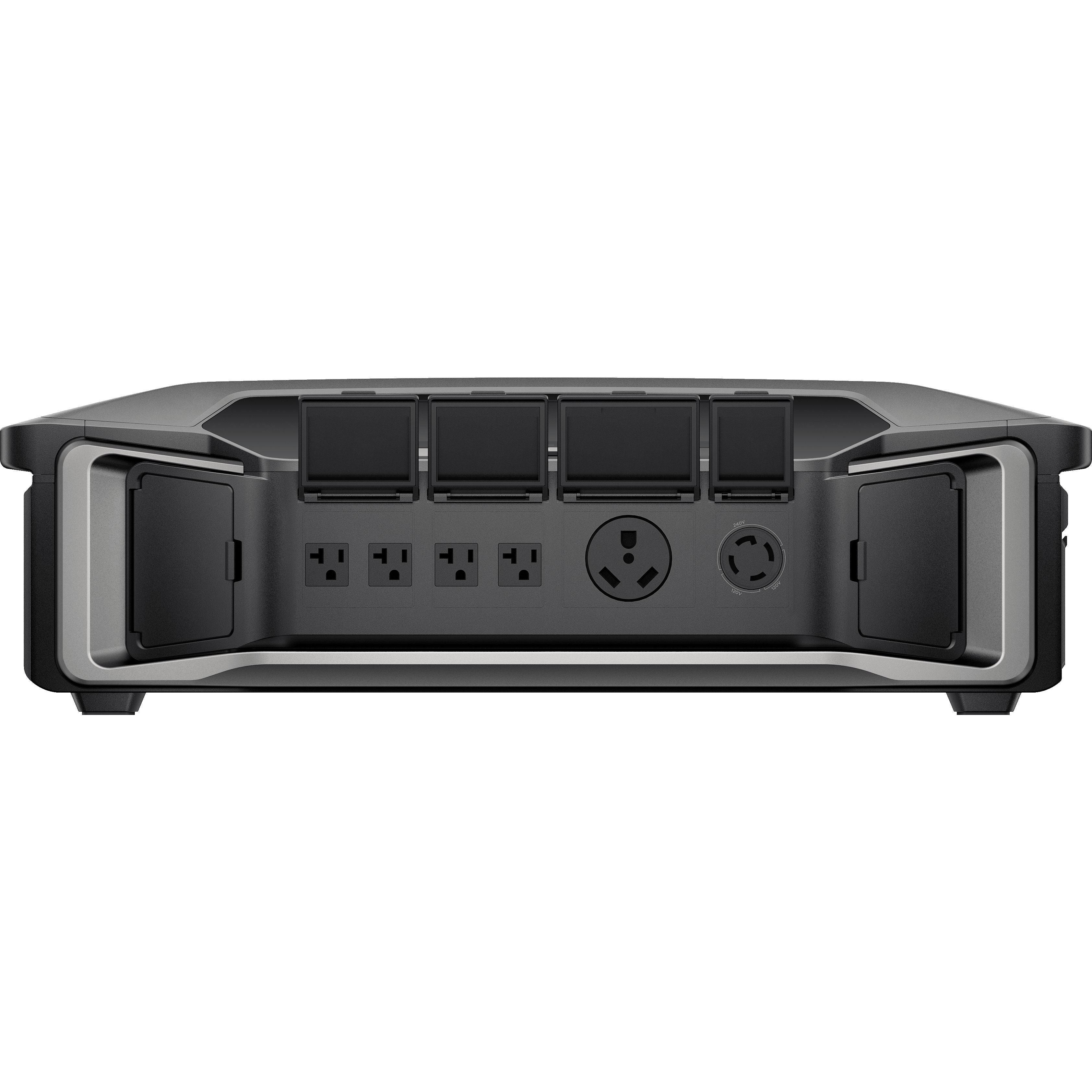 An image of the EcoFlow DELTA Pro's power outlet panel shows three standard outlets, a round three-prong outlet, and two unspecified openings. The panel is housed in a rectangular casing with open side covers, emphasizing its energy-efficient design.