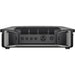 An image of the EcoFlow DELTA Pro's power outlet panel shows three standard outlets, a round three-prong outlet, and two unspecified openings. The panel is housed in a rectangular casing with open side covers, emphasizing its energy-efficient design.