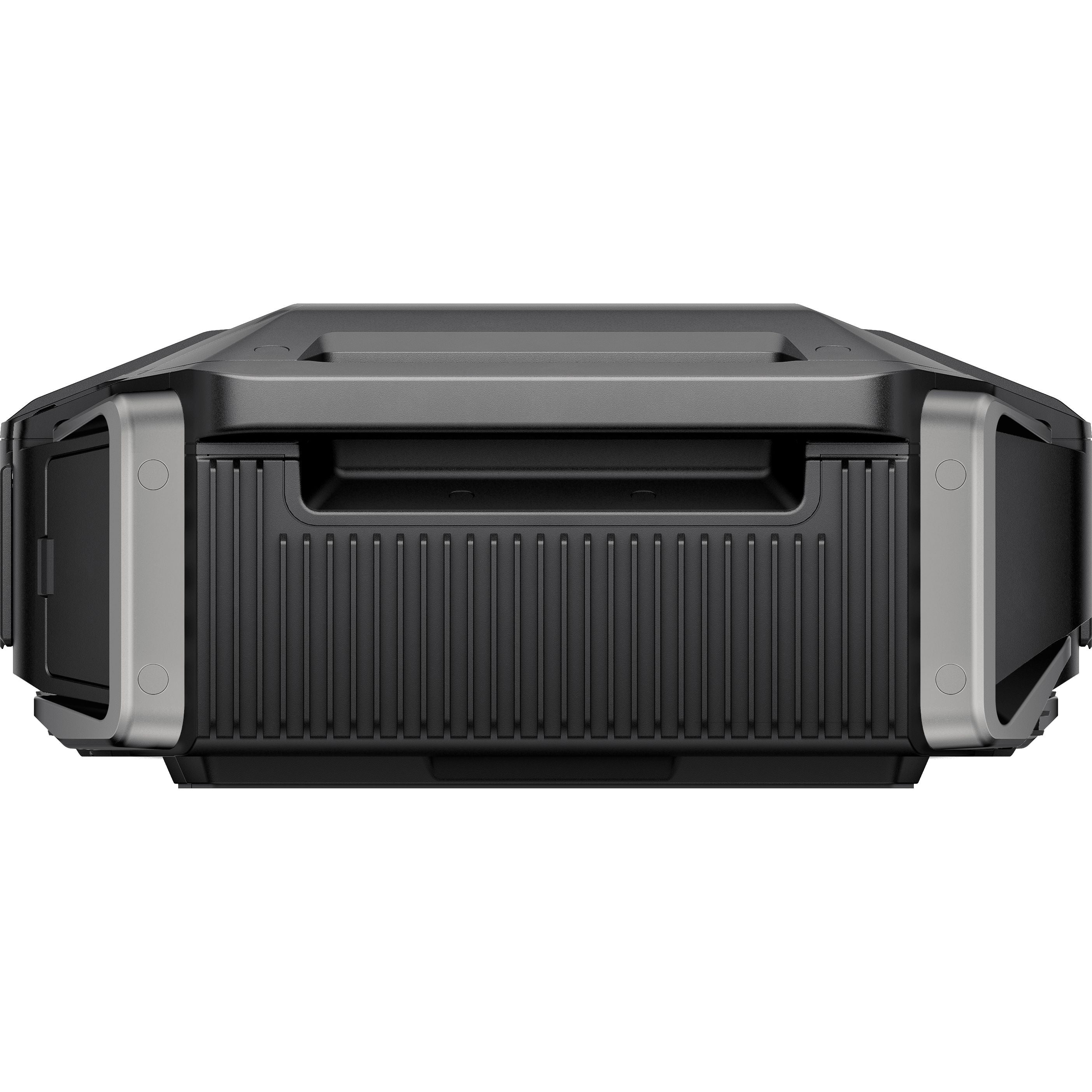 The EcoFlow DELTA Pro case, featuring a ribbed texture in black and gray, sturdy latches, and a rectangular handle, offers an industrial look. It's durable and rugged for transporting sensitive equipment with energy efficiency on the go.