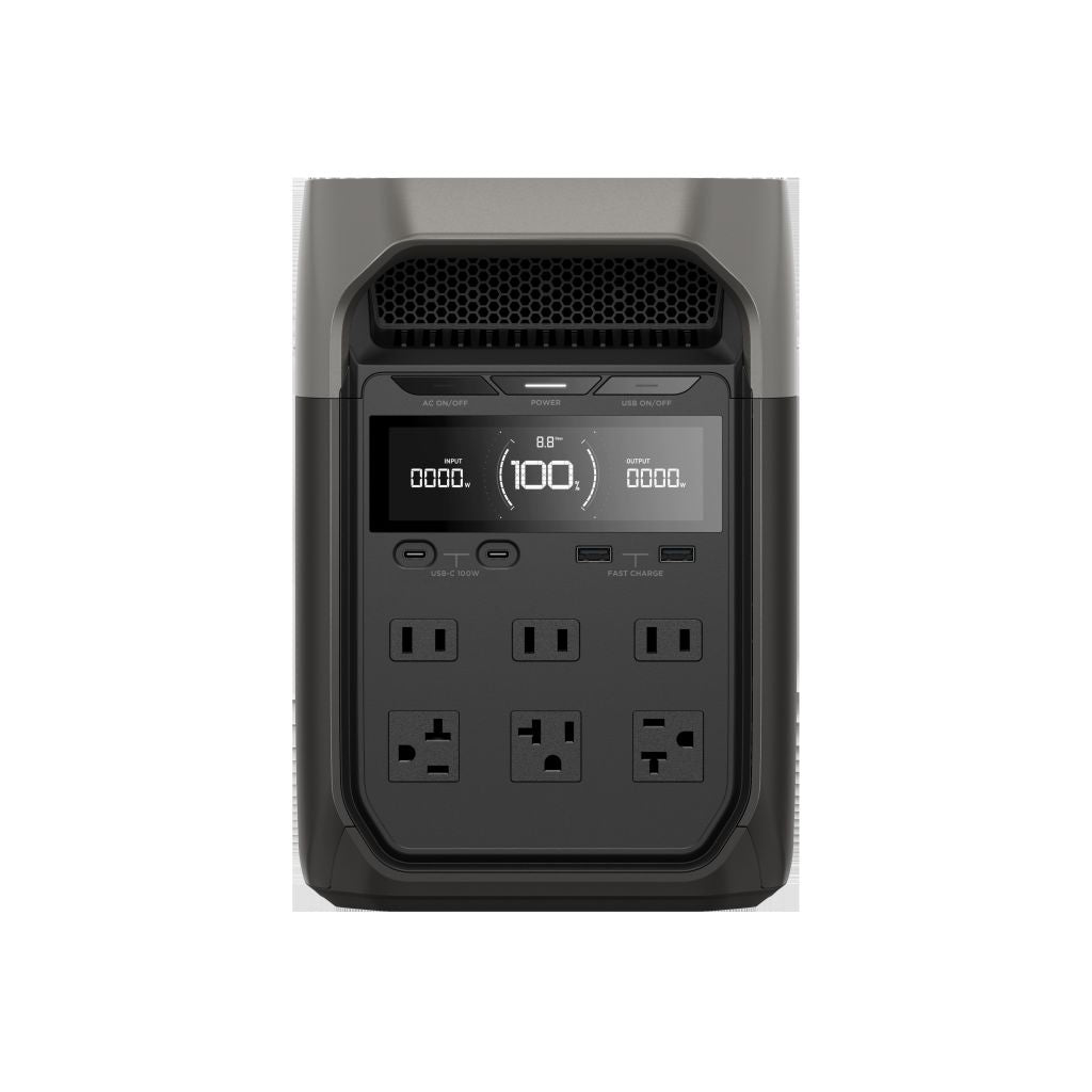 The EcoFlow portable power station features a digital display, control buttons, and six types of front outlets—perfect for backup power during outages. Its black, rectangular design has rounded top edges for a sleek look.