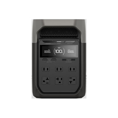 The EcoFlow portable power station features a digital display, control buttons, and six types of front outlets—perfect for backup power during outages. Its black, rectangular design has rounded top edges for a sleek look.