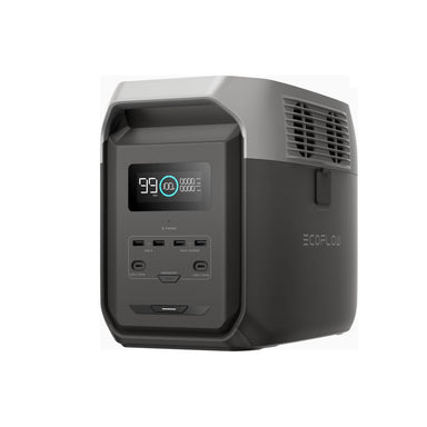 The EcoFlow DELTA 3 1500 Portable Power Station features a LiFePO4 battery, digital display, multiple input/output ports, side vent, and provides reliable backup power in a sleek black and gray rectangular case.