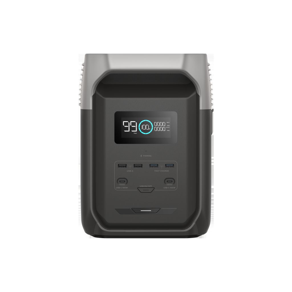 The EcoFlow DELTA 3 1500 Portable Power Station features a digital display showing 99% battery, multiple front ports and buttons, and a black and gray design. It uses a LiFePO4 battery for reliable backup power.
