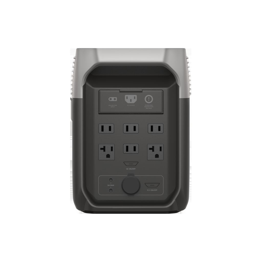 Front view of the EcoFlow DELTA 3 1500 Portable Power Station, showcasing several AC outlets, ports, and control buttons for charging devices and backup power. This rectangular unit features a black and gray design with a robust LiFePO4 battery.