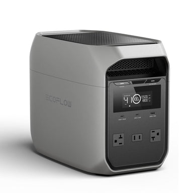 A compact gray EcoFlow DELTA 3 CLASSIC portable power station featuring fast charging, an LCD display, multiple buttons, two AC outlets, and two USB ports on the front panel.