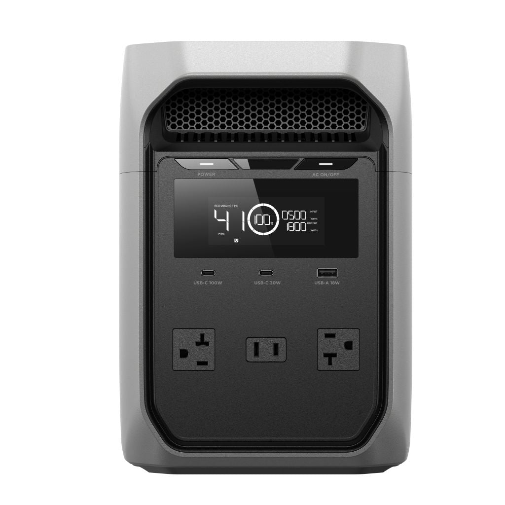 The EcoFlow DELTA 3 CLASSIC by EcoFlow is a portable power station with fast charging, a digital display for battery and output, three outlets, and three USB ports on the front. It sports a sleek gray and black design that's stylish and functional.