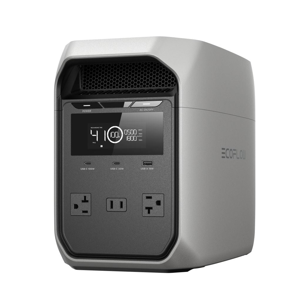 The EcoFlow DELTA 3 CLASSIC portable power station has a digital display, fast charging, two AC outlets, one DC outlet, and multiple USB ports on the front panel. The gray unit displays the EcoFlow brand name on its side.