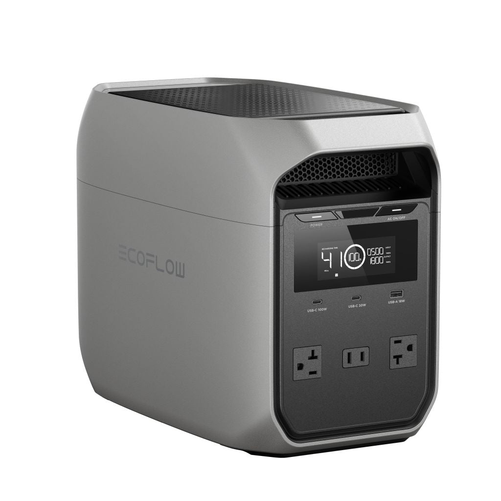 The EcoFlow DELTA 3 CLASSIC portable power station by EcoFlow offers fast charging, a digital display, USB ports, and standard outlets on the front in a sleek gray finish with a black control panel for convenient portable power anywhere.