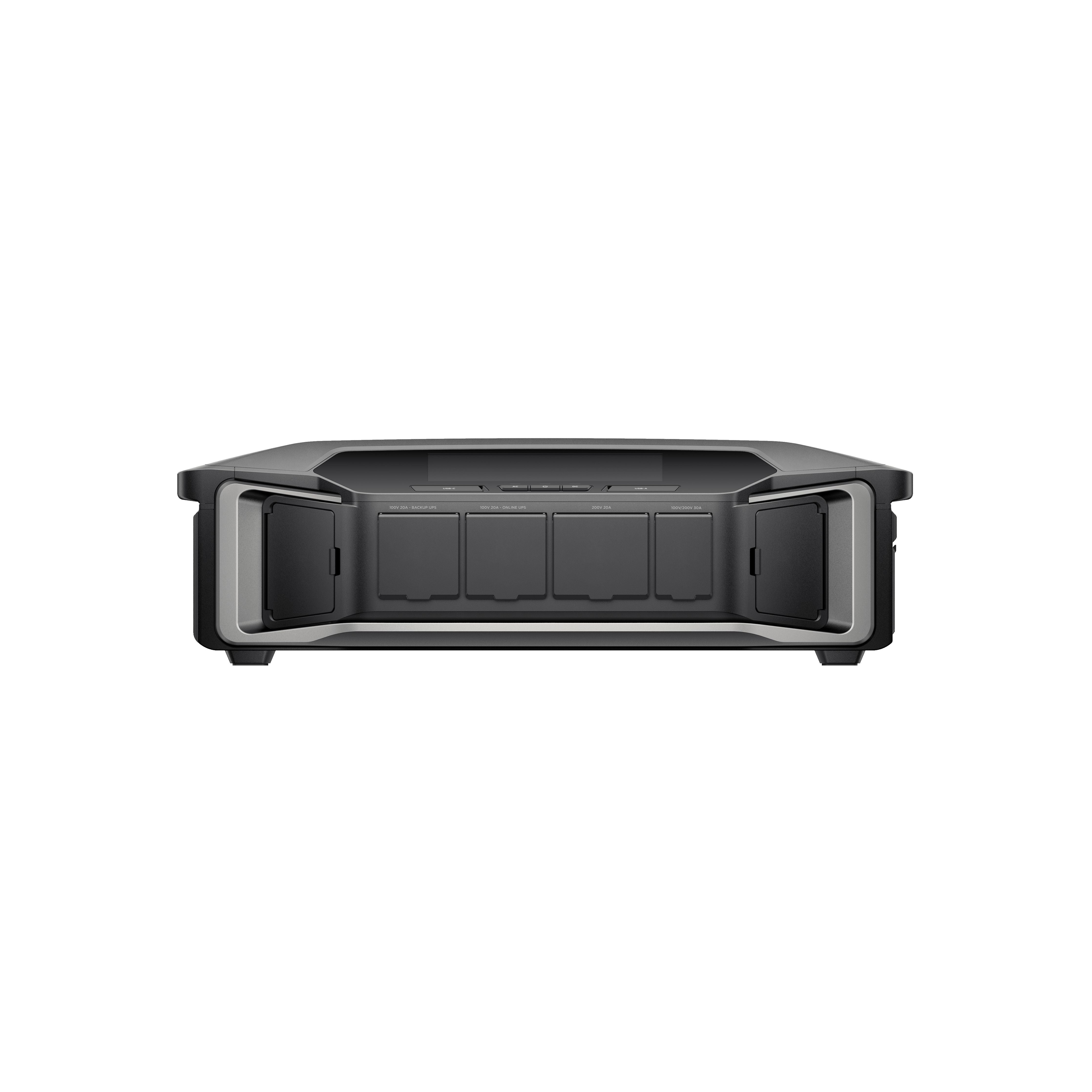 The EcoFlow DELTA Pro, an energy-efficient black rectangular device with ultra-inverter technology and four visible slots for storage or connectivity, stands against a plain white background. Its minimalistic design enhances its appeal.