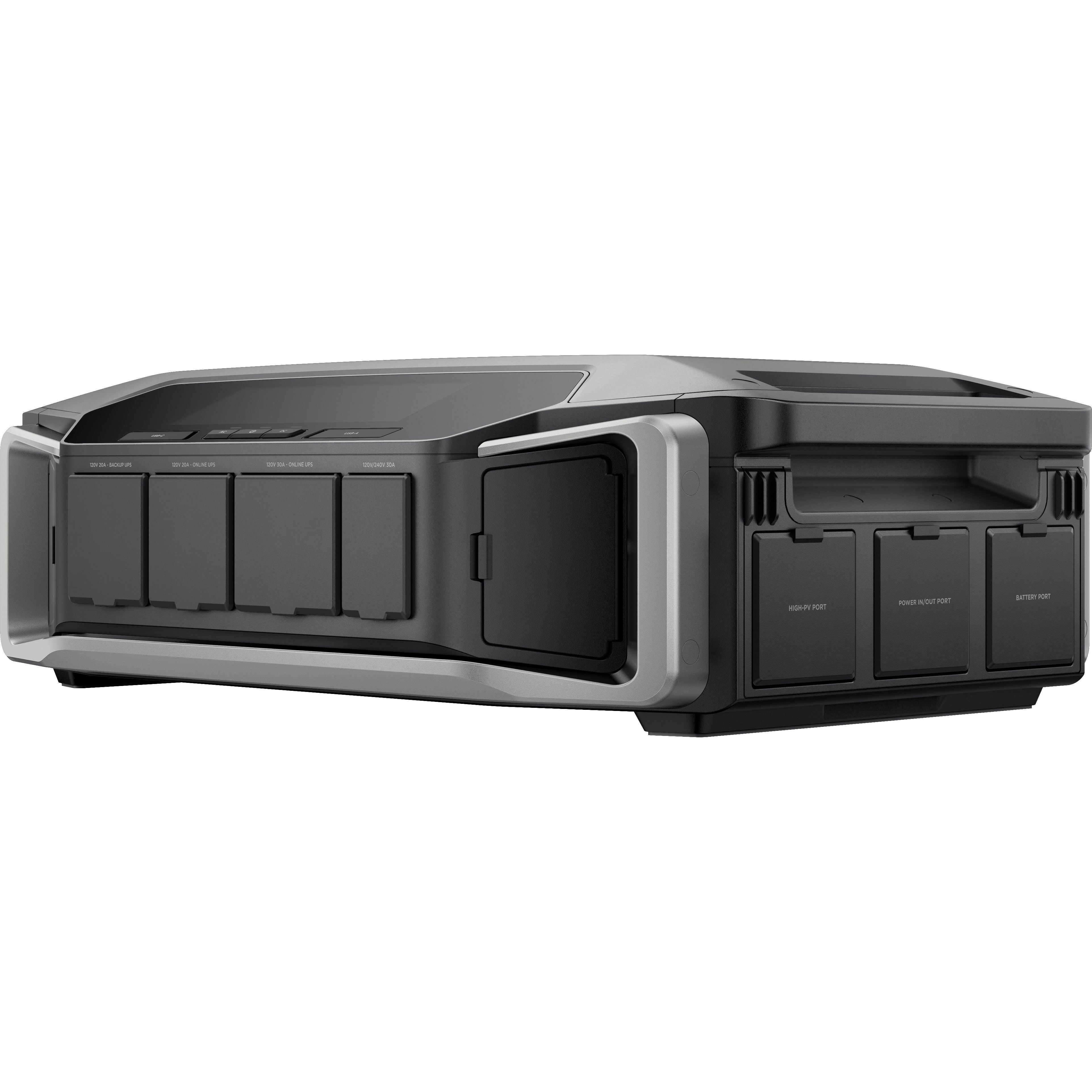 The EcoFlow DELTA Pro is a sleek black electronic device with multiple side slots. It has smooth edges and a minimalist, industrial design featuring an Ultra Inverter for improved energy efficiency.