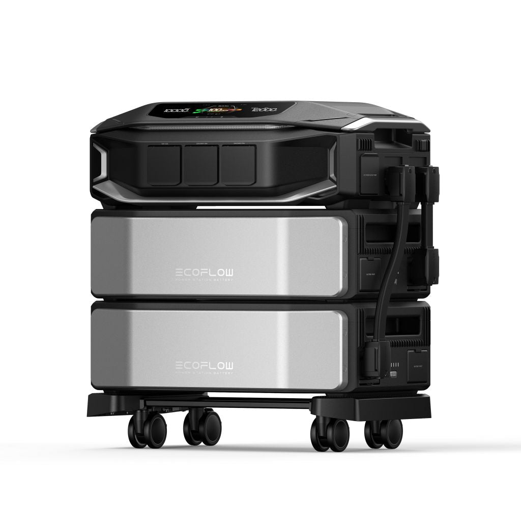 A portable EcoFlow home battery backup system with two stackable black and silver units sits on a wheeled cart, featuring a digital display and multiple visible ports and cables.