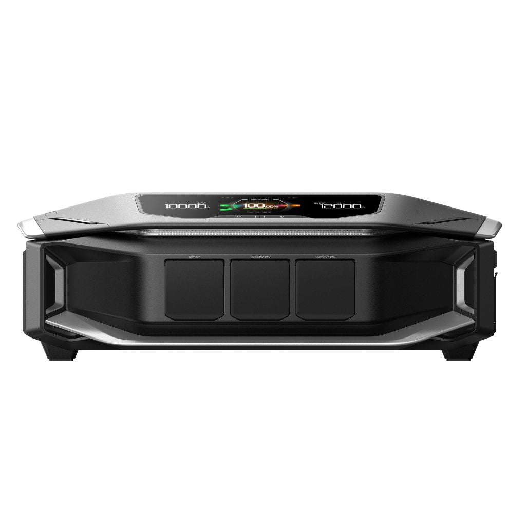 The EcoFlow DELTA Pro Ultra X is a black, rectangular inverter with a digital display and three front ports or buttons. Its modern, angular design makes it ideal for use in whole-home battery systems.