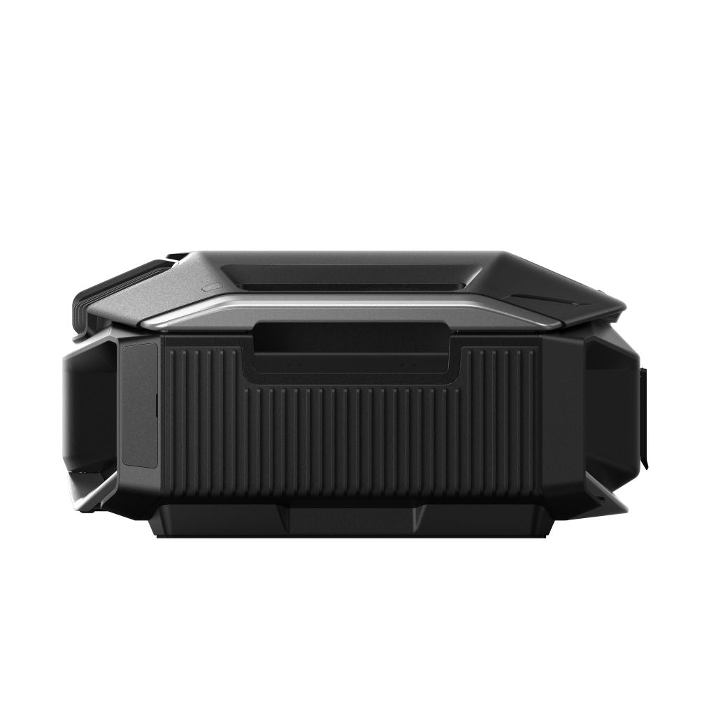 A black, rectangular EcoFlow inverter with angular edges and a textured front surface is shown from a straight-on angle against a white background.