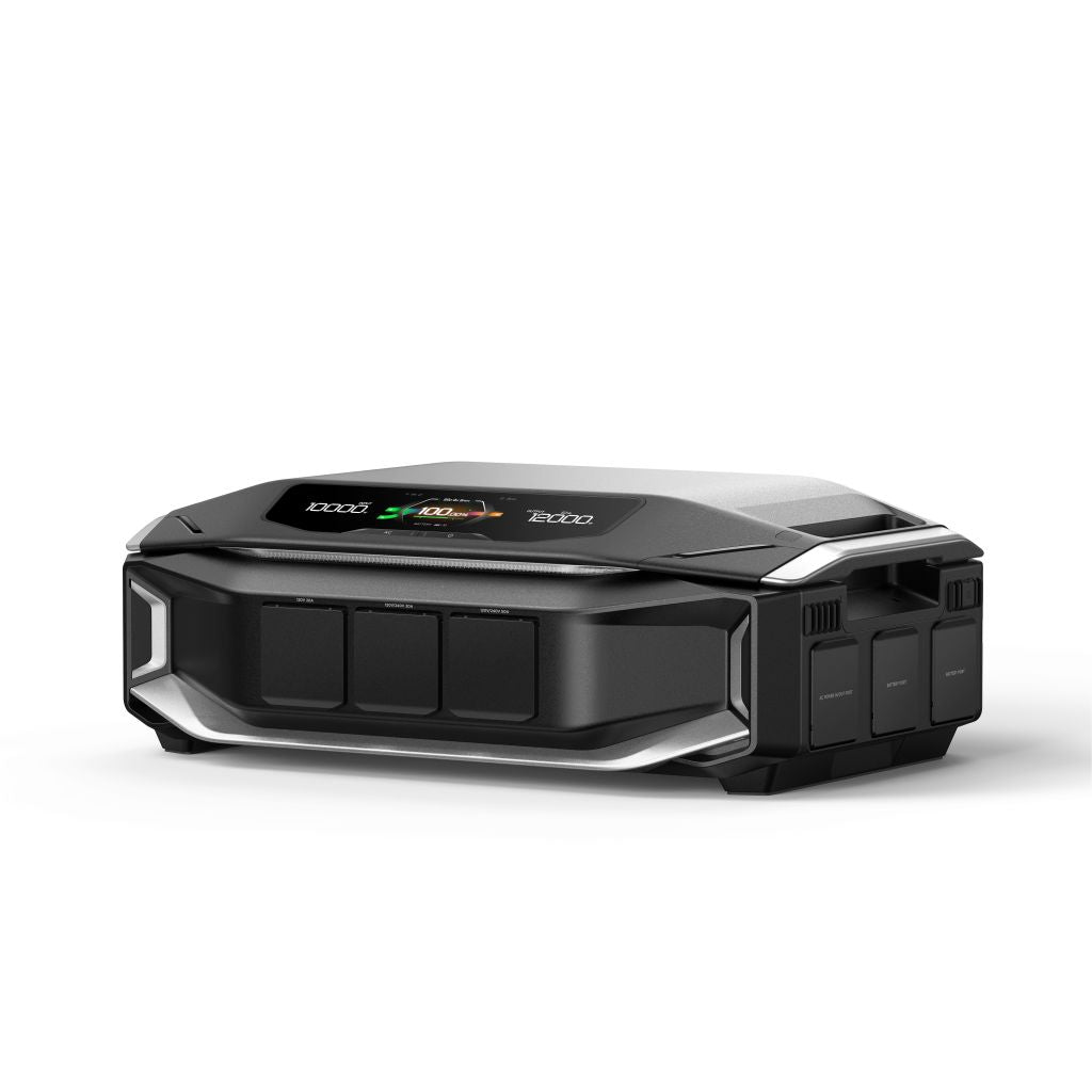 The EcoFlow DELTA Pro Ultra X is a black, rectangular portable power station with a digital battery display and multiple ports, featuring advanced inverter technology for dependable whole-home backup.