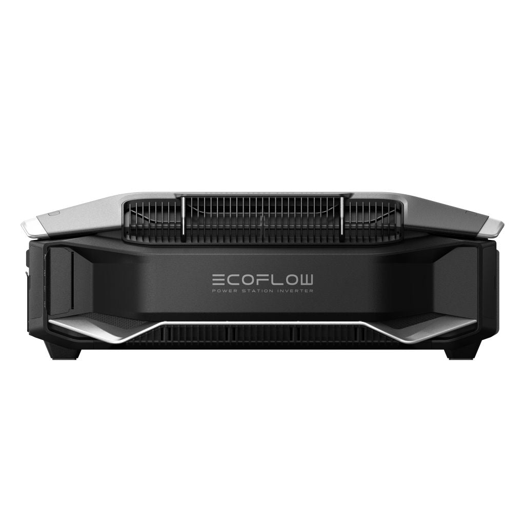 A front view of a black EcoFlow inverter with visible vents and the EcoFlow logo centered. This 12kW unit features a modern, angular design and is ideal for use in a whole-home battery system. Brand Name: EcoFlow.