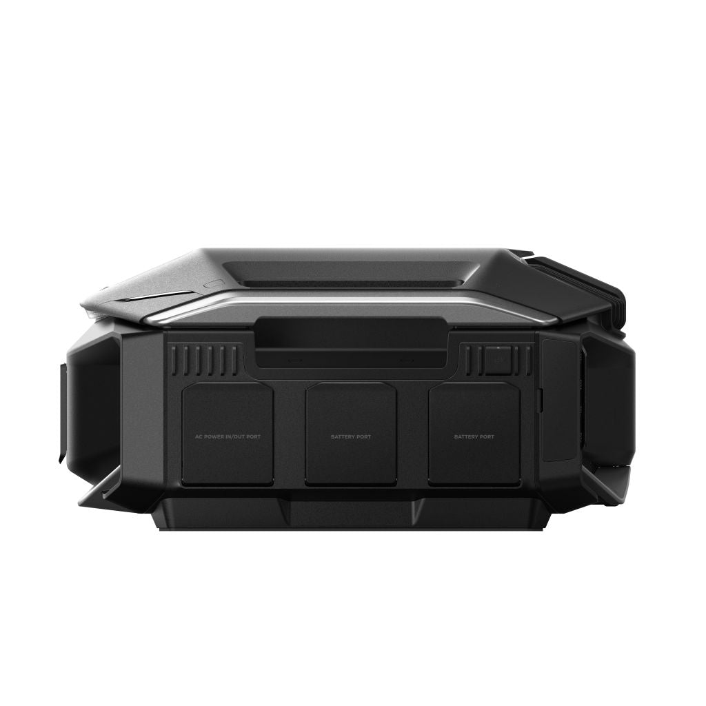 A black, rectangular EcoFlow inverter with labeled ports and ridged edges is shown against a white background. The device has a sturdy, modern design suitable for whole-home battery systems.