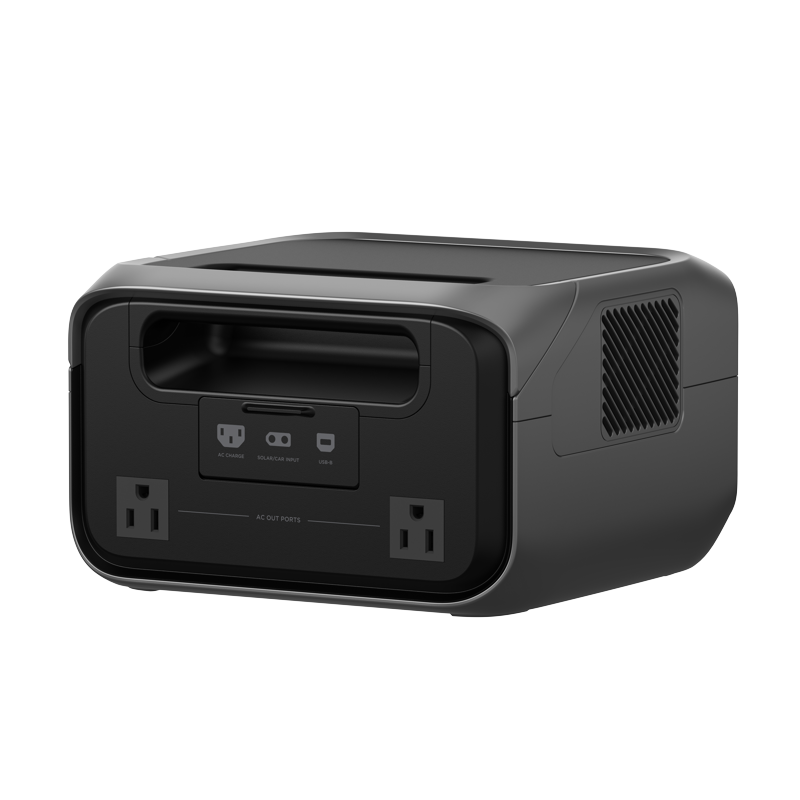 The EcoFlow device is compact and black with a front handle, featuring multiple ports on one side: two AC outlets, a USB-C port, and a DC input.