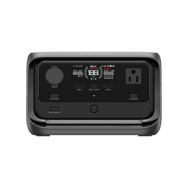 The EcoFlow power station is compact and black with a digital battery status display. It includes a 12V DC outlet, two USB-A ports, a USB-C port, an AC outlet, and buttons for power control and lighting.