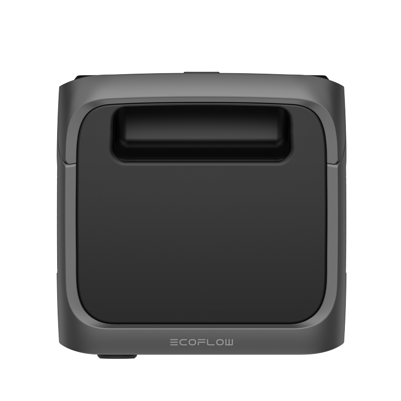 A front view of a gray EcoFlow device features a rectangular shape and recessed handle, showcasing a minimalist design. The brand name "EcoFlow" appears at the bottom front.