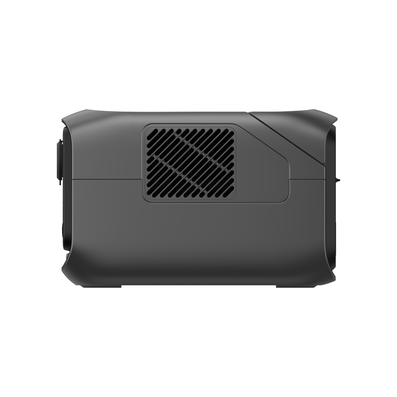 The image shows a black, rectangular EcoFlow device with a vented section and angular design. The side view highlights its solid construction and modern appearance.