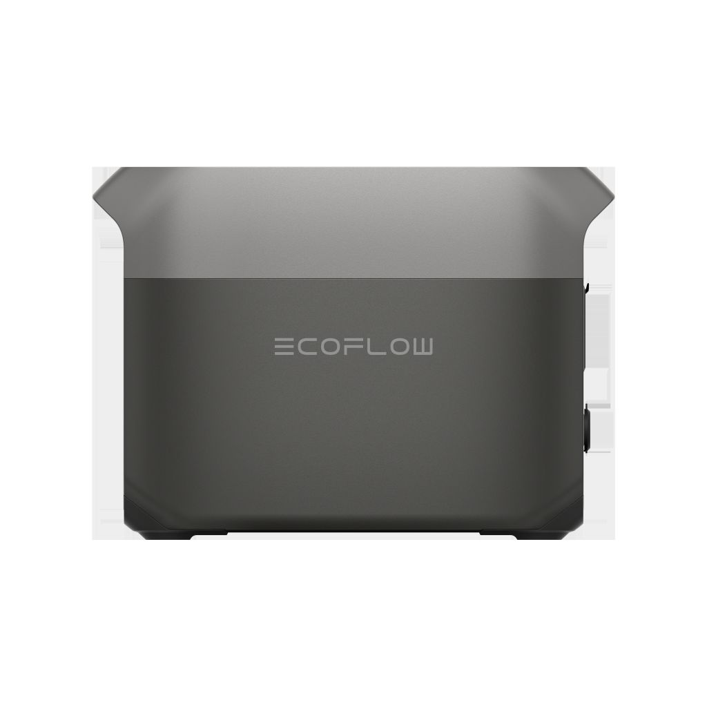 A front view of the EcoFlow portable power station with a matte gray finish and centered logo, perfect for backup power in outages, is shown against a white background. Brand: EcoFlow.
