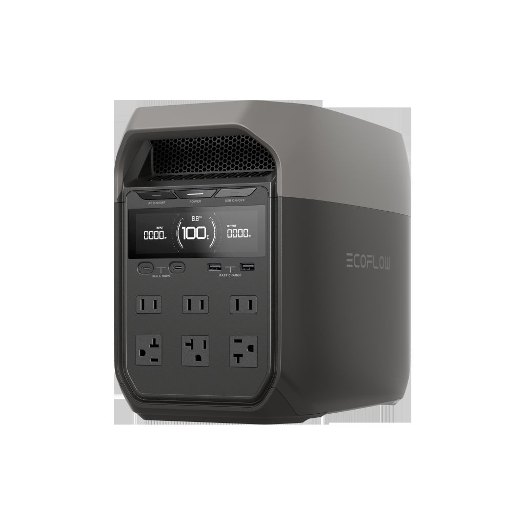 The EcoFlow portable power station features a digital display for battery status, four AC outlets, two USB ports, and a gray-black exterior—ideal backup power from the trusted EcoFlow brand during outages.
