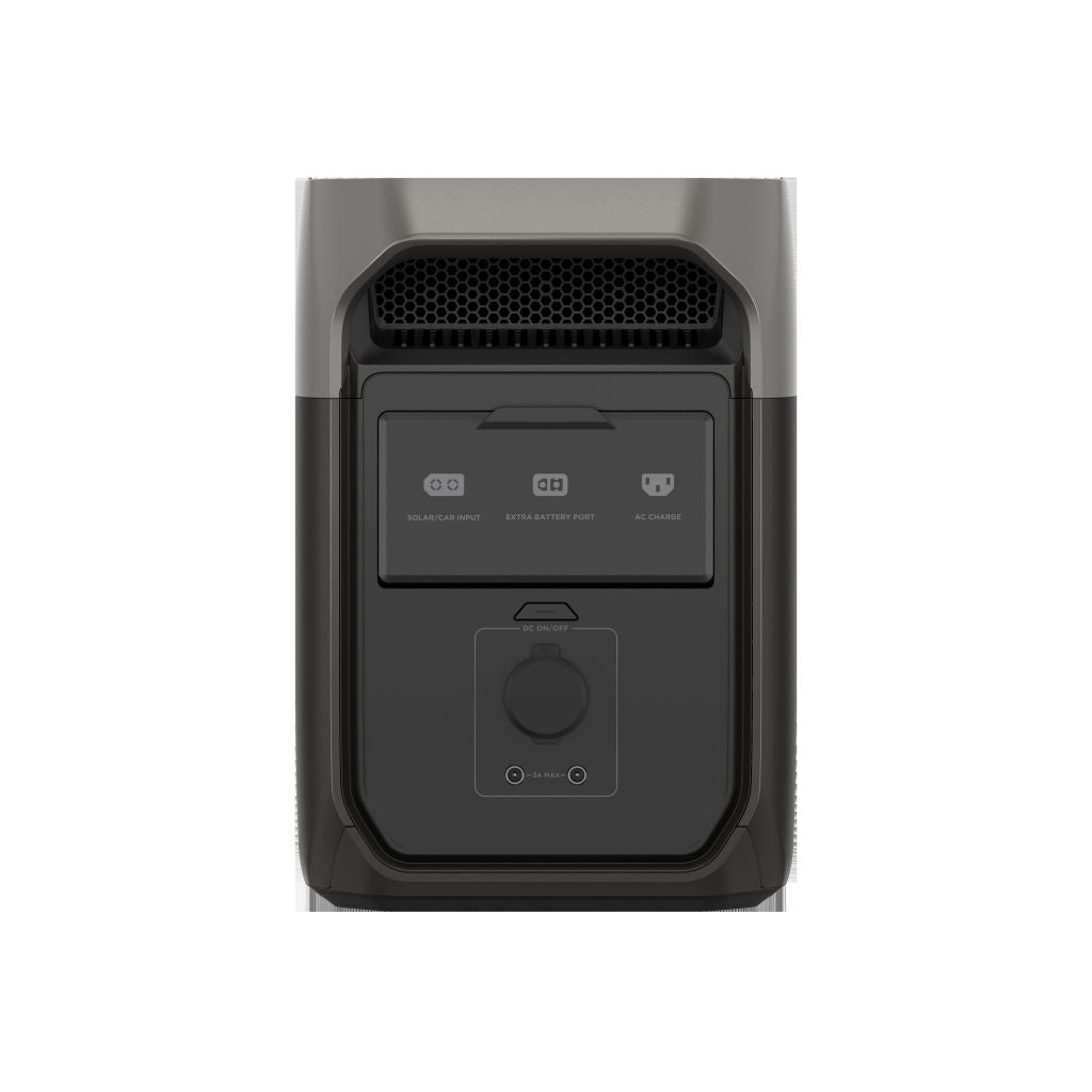 Front view of the EcoFlow portable power station for backup power, featuring labeled ports: "Solar/Car Input," "Extra Battery Port," and "AC Charge," plus a power button and knob—an eco-friendly alternative to gas generators during outages.