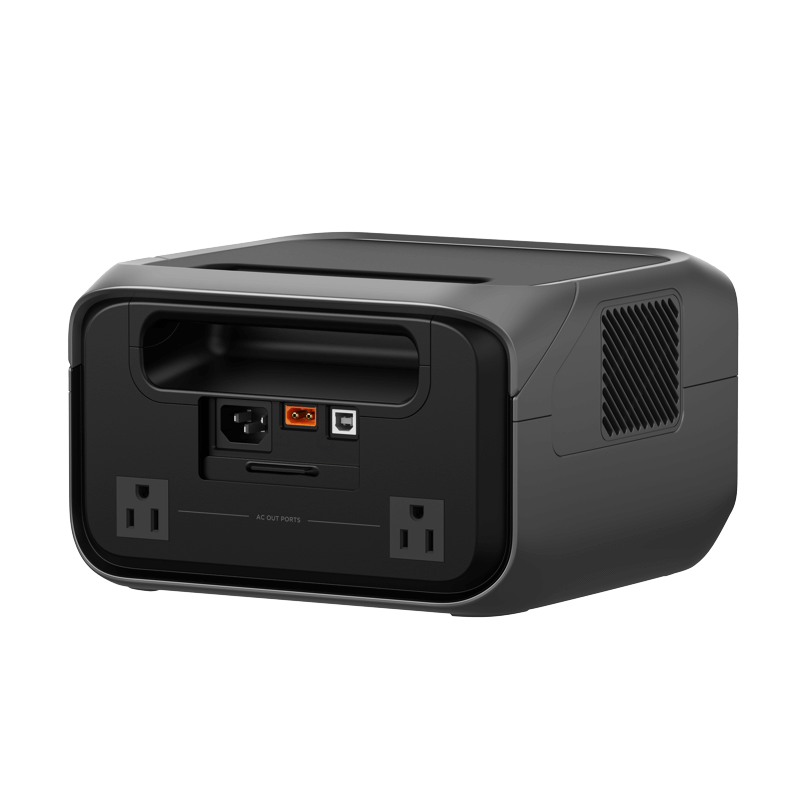 The EcoFlow RIVER 3 Max is a stylish black rectangular portable power station with two outlets, side ventilation, and ports for USB, Ethernet, and power input. Its compact design with smooth edges uses X-Boost technology for efficient performance.