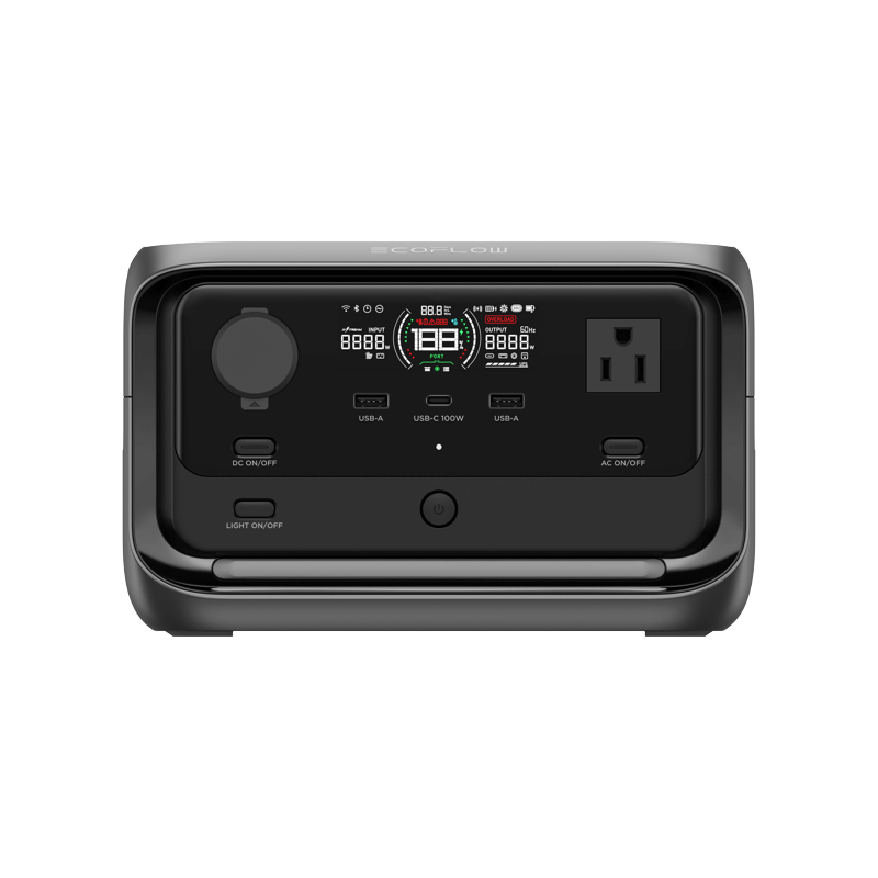 The EcoFlow RIVER 3 Max portable power station features a 572Wh capacity, digital display for battery and power metrics, and offers ports including a 100W USB-C, USB-A, DC socket, AC outlet with easy control access for DC, USB, AC, and lighting.