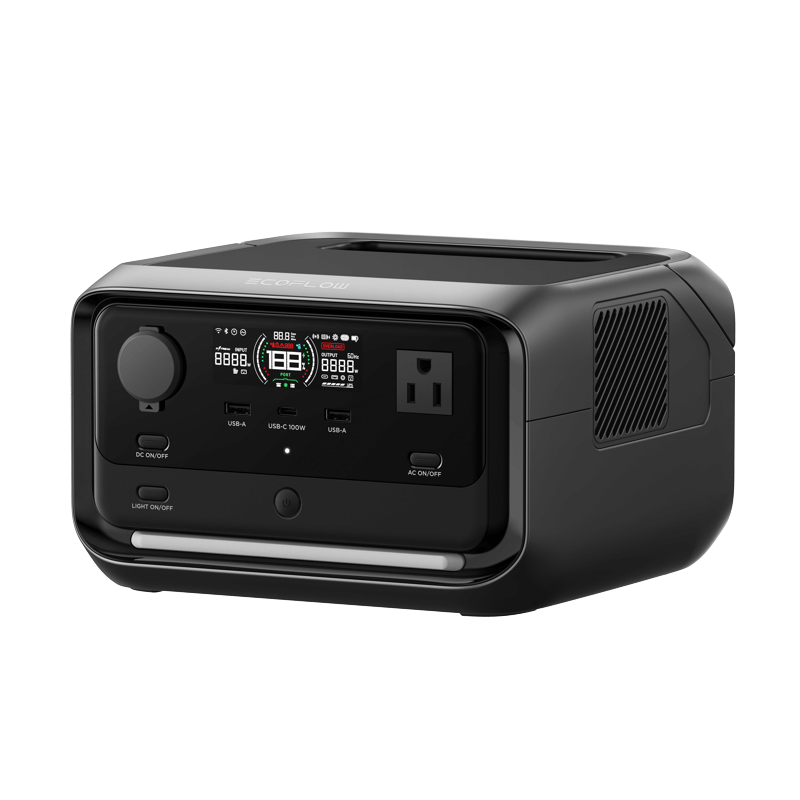 The EcoFlow RIVER 3 Max, a sleek black portable power station with a 572Wh capacity, includes a digital display, USB ports, USB-C port, DC car input, AC outlet, and side ventilation for real-time battery status monitoring and settings.