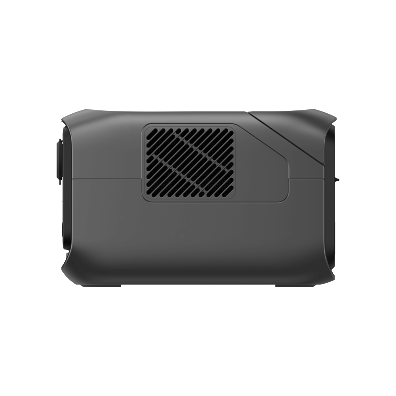 Side view of the EcoFlow RIVER 3 Max, a sleek black rectangular portable power station with smooth curves, a vented side panel, X-Boost technology, and a compact form.