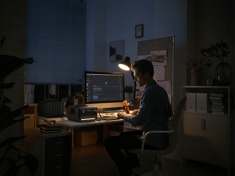 In a dimly lit room, a person uses a computer at their desk, illuminated by a lamp. Their workspace is complemented by office items and an EcoFlow portable power station from the RIVER 3 Max series, keeping them powered with its X-Boost technology for uninterrupted work.