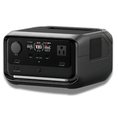 The EcoFlow RIVER 3 Plus, designed in sleek black with side ventilation, boasts a digital display, multiple USB ports, an AC outlet, and front control knobs. Perfect for emergency power needs.