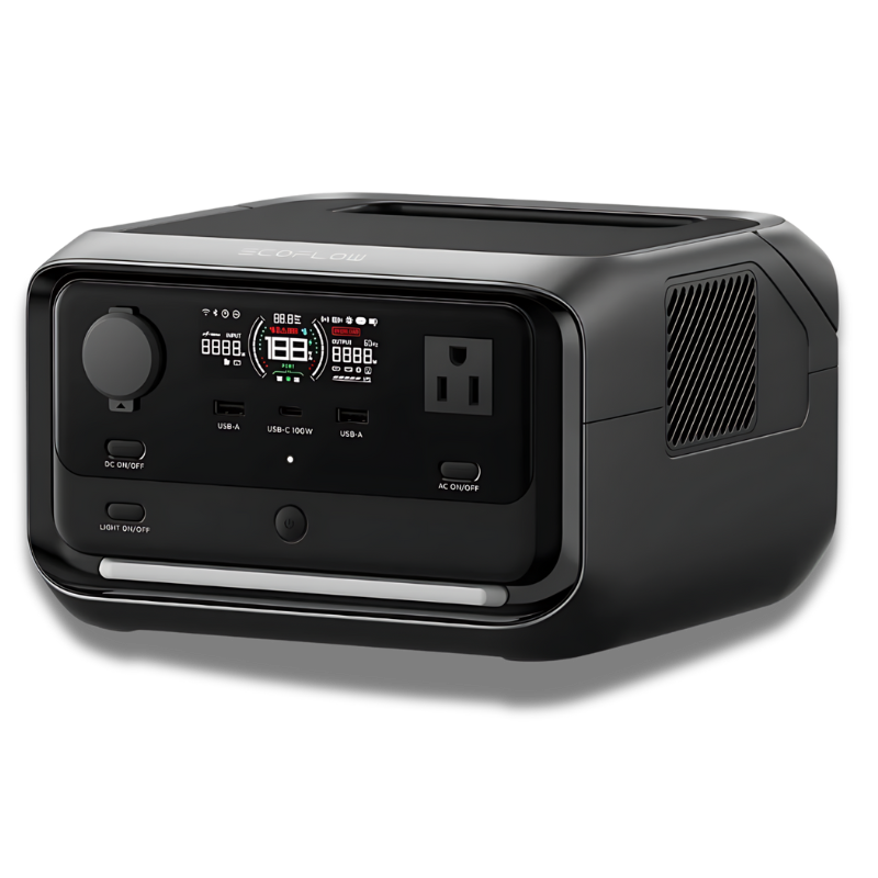 The EcoFlow RIVER 3 Plus, designed in sleek black with side ventilation, boasts a digital display, multiple USB ports, an AC outlet, and front control knobs. Perfect for emergency power needs.