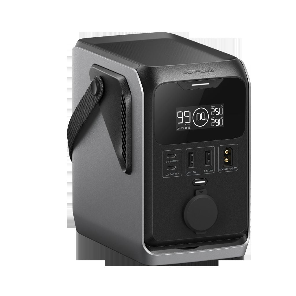 The EcoFlow TRAIL 300DC portable power station offers a LiFePO4 battery, digital display, multiple USB/DC ports, carrying handle, and a modern compact design—perfect for reliable power on the go.