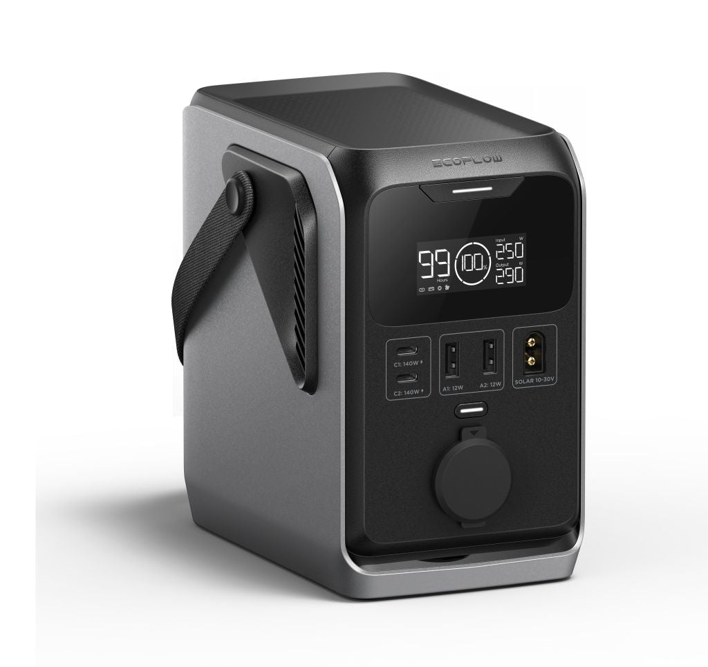 The EcoFlow TRAIL 300DC portable power station by EcoFlow includes a LiFePO4 battery, digital display, multiple USB and DC ports, a large dial, and a carrying handle, shown on a plain white background.