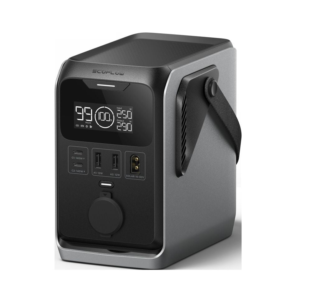 The EcoFlow TRAIL 300DC portable power station has a LiFePO4 battery, digital display for battery percentage and output, USB ports, AC outlets, and a side handle in a metallic gray and black design.