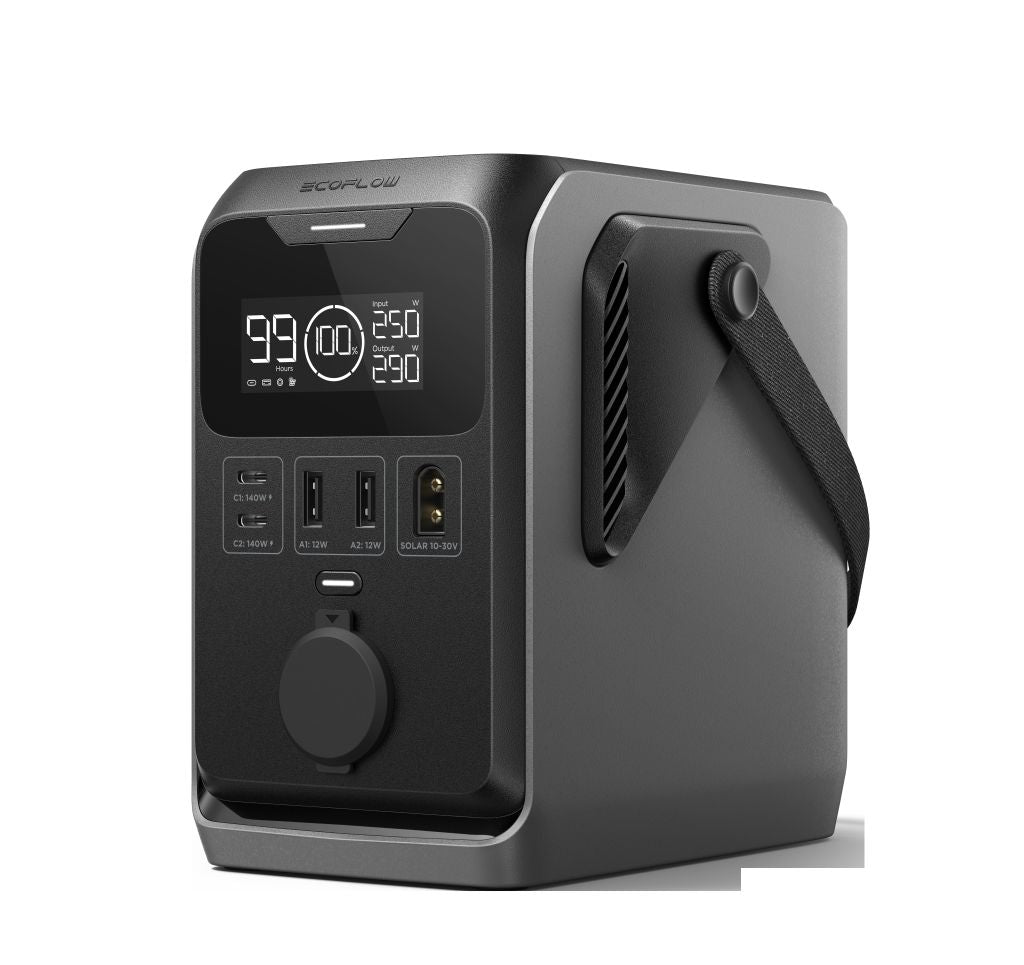 The EcoFlow TRAIL 300DC portable power station by EcoFlow features a LiFePO4 battery, digital display, multiple USB and AC ports, side handle, and a sleek black and gray design—ideal for powering devices on the go.