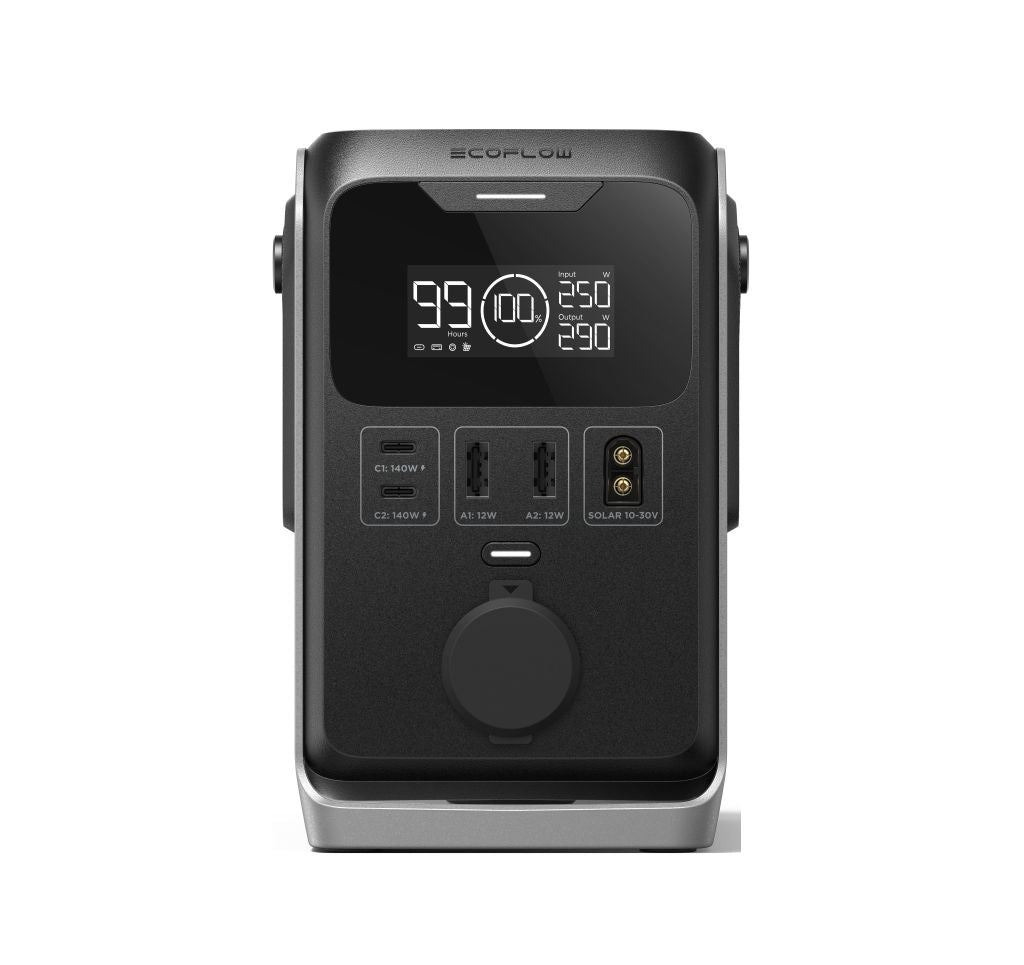 The EcoFlow TRAIL 300DC portable power station, in black and gray, features a digital display at 99%, multiple charging ports, a durable LiFePO4 battery, and clearly marked input/output sections on the front panel.