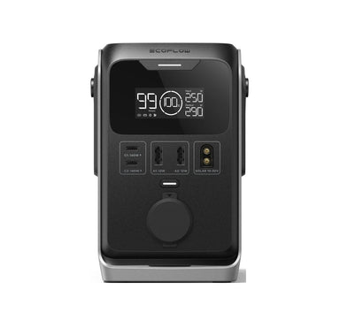 The EcoFlow TRAIL 300DC portable power station, in black and gray, features a digital display at 99%, multiple charging ports, a durable LiFePO4 battery, and clearly marked input/output sections on the front panel.