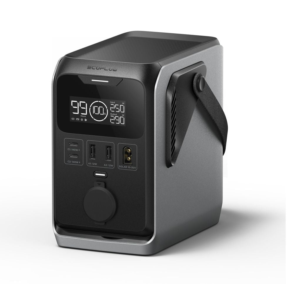 The EcoFlow portable power station features a LiFePO4 battery, digital display, power button, three USB ports (including USB-C fast charging), AC outlet, and carrying handle, shown against a plain white background.