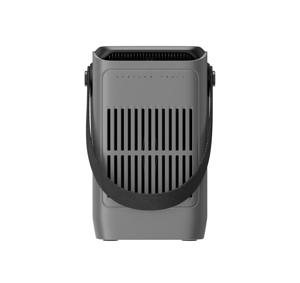 An EcoFlow gray rectangular portable power station with vertical front vents and black carrying straps on each side, shown against a white background.